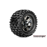 TRACKER 1/10 MONSTER TRUCK TIRE CHROME BLACK WHEEL WITH 1/2 OFFSET 12MM HEX MOUNTED