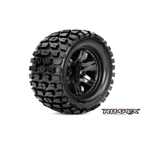 TRACKER 1/10 MONSTER TRUCK TIRE BLACK WHEEL WITH 1/2 OFFSET 12MM HEX MOUNTED