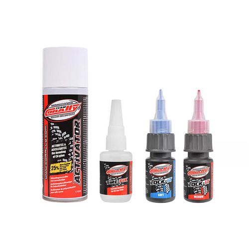 Team Corally - Glue Set - Tire Glue 20g - Activator 200ml - Lock-it Soft - Lock-it Medium