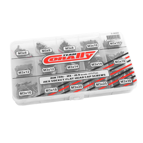 Team Corally - Screw Set M3 - Hex Flat Head - DIN 7991 - Steel Black - 10.9 Grade - 15 Sizes - 375 pcs
