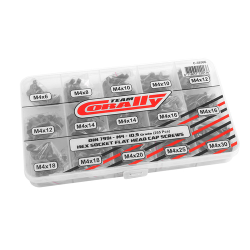 Team Corally - Screw Set M4 - Hex Flat Head - DIN 7991 - Steel Black - 10.9 Grade - 15 Sizes - 265 pcs