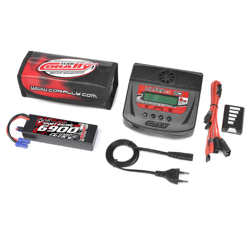 Team Corally - Energy Pack - Lipo 60C - 6900Mah - 2S - EC-5 - Hard Case + Ultra-X 80 - 1-6S AC/DC Charger + Lipo Safety Bag + Charge-Balance Lead