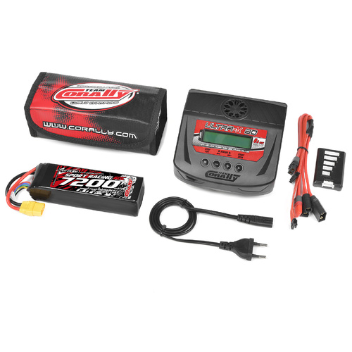 Team Corally - Energy Pack - Lipo 60C - 7200Mah - 4S - XT-90 - Semi-Soft Case + Ultra-X 80 - 1-6S AC/DC Charger + Lipo Safety Bag + Charge-Balance Lea